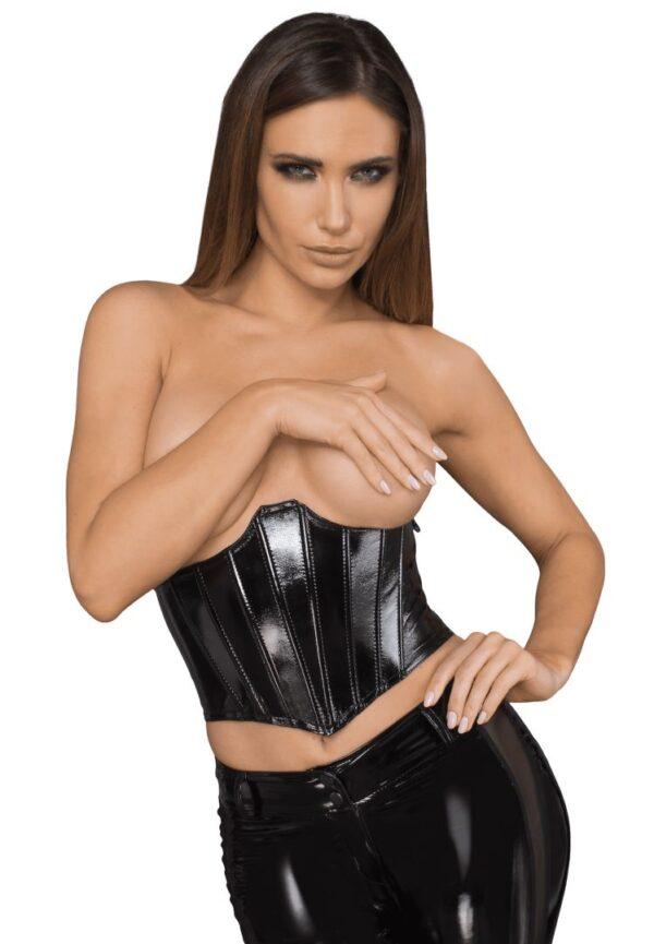 F211 Corset en cuir écologique laqué avec baleine pour femme