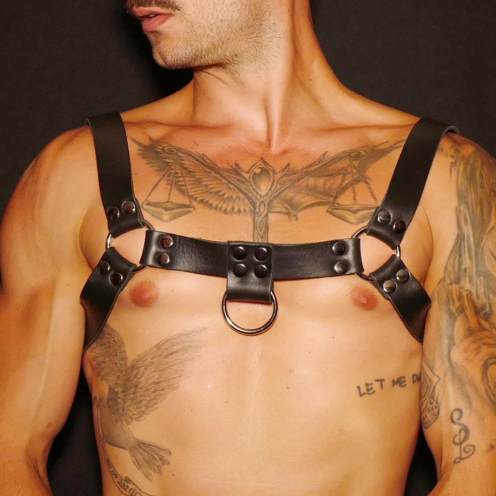 Harnais buste en cuir noir homme en H