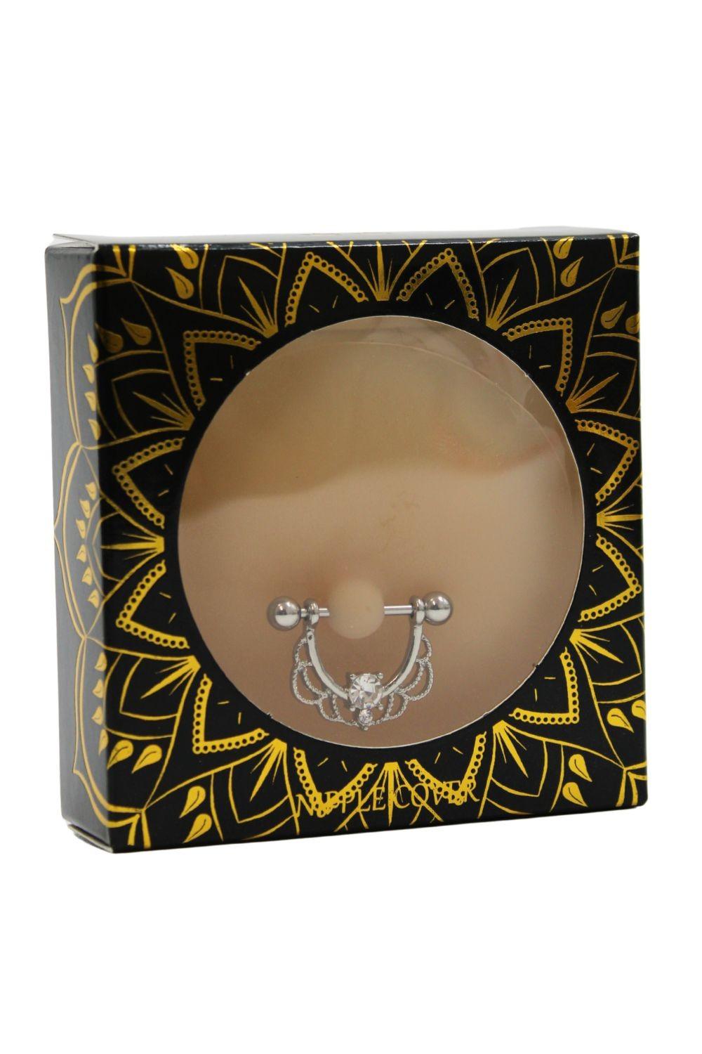 Paire de cache-tétons ornés d’un piercing barre en demi-anneau avec strass, pour peau claire.