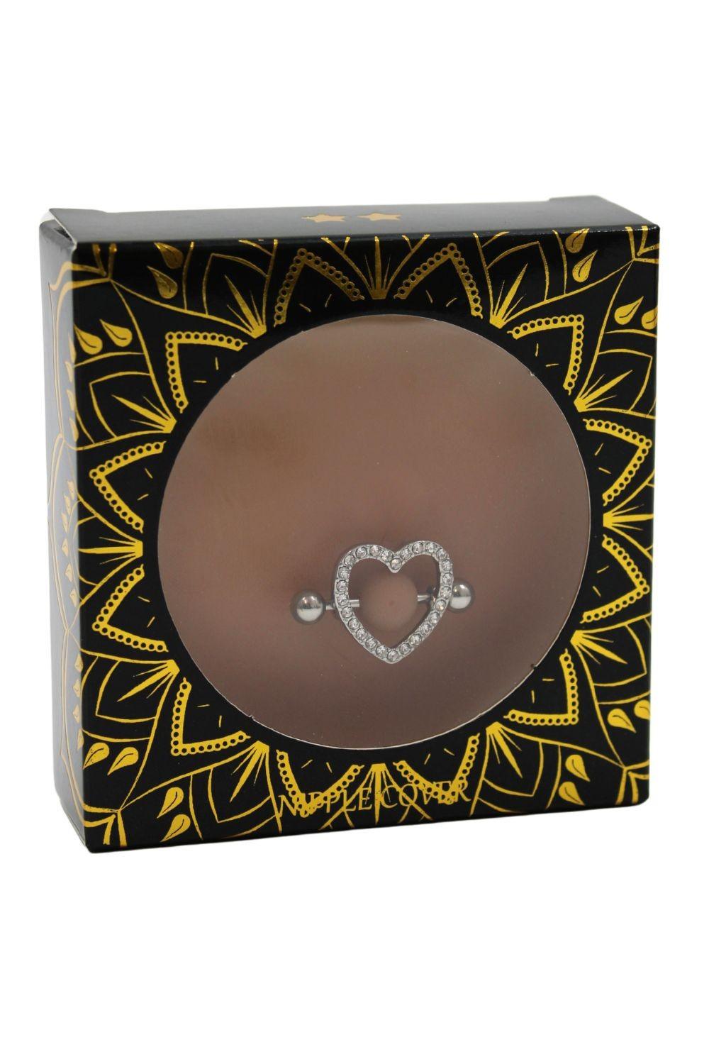 Paire de cache-tétons piercing barre coeur faux diamant peau métisse