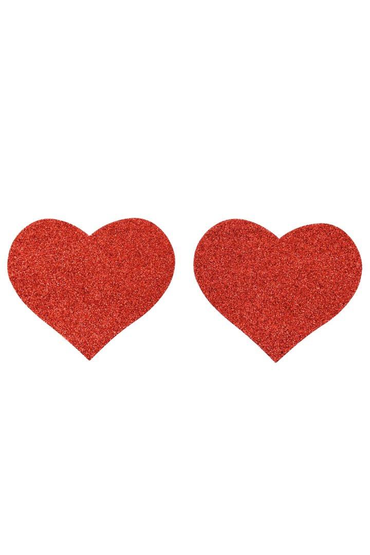 Paire de cache tétons adhésifs coeur pailleté rouge