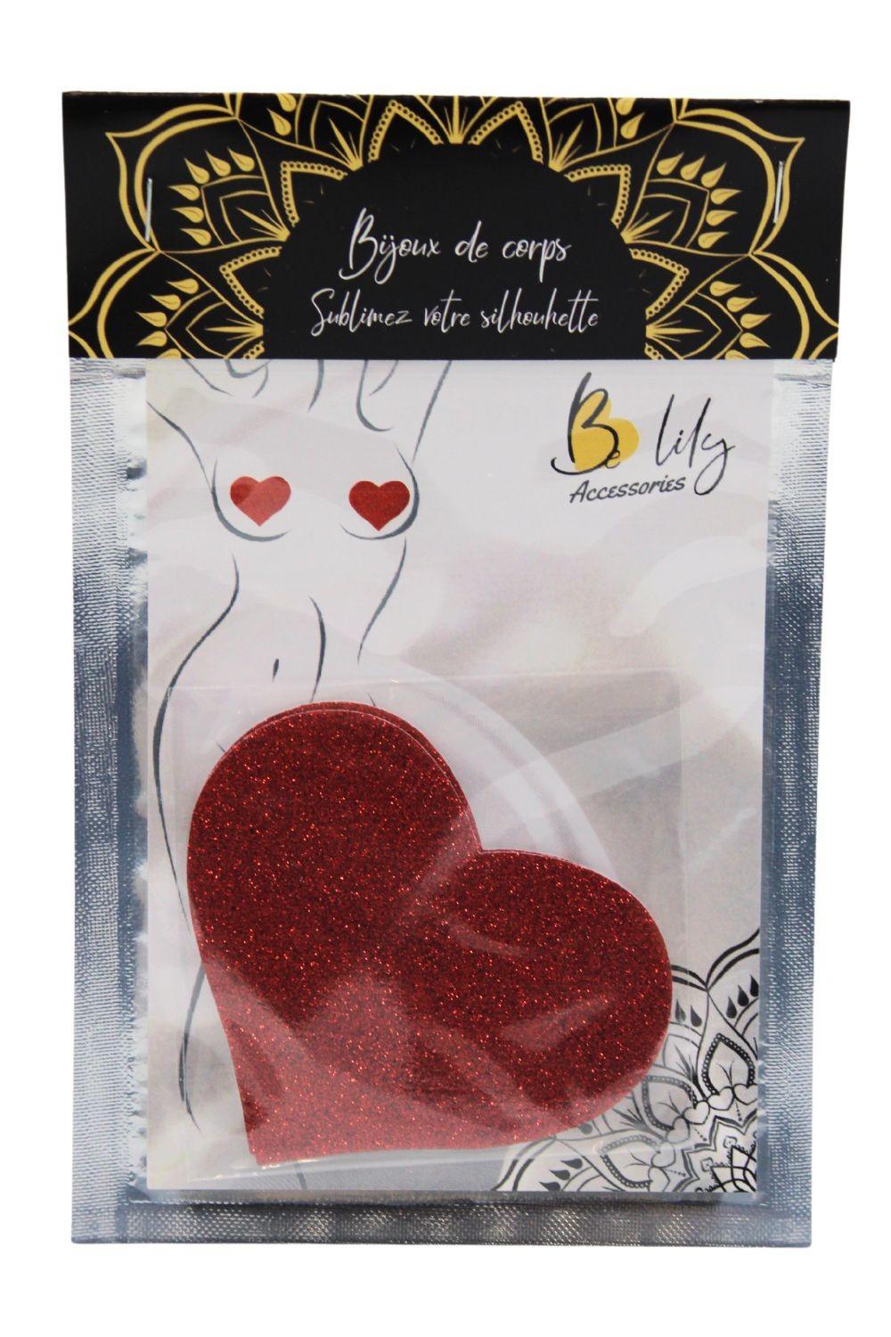 Paire de cache tétons adhésifs coeur pailleté rouge