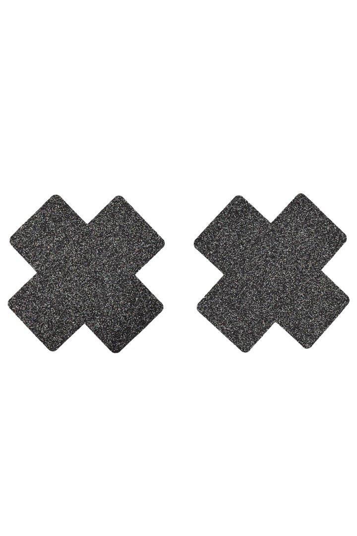 Paire de cache tétons adhésifs croix pailletée noir