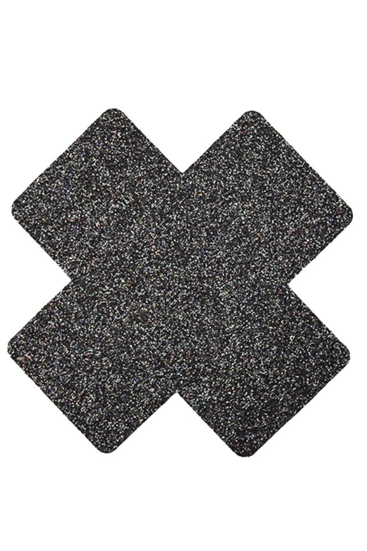 Paire de cache tétons adhésifs croix pailletée noir