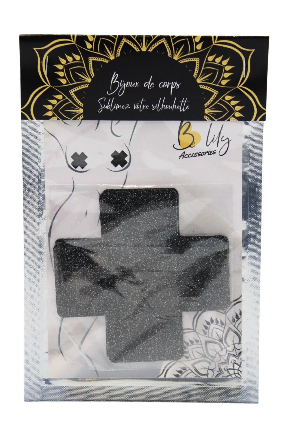Paire de cache tétons adhésifs croix pailletée noir