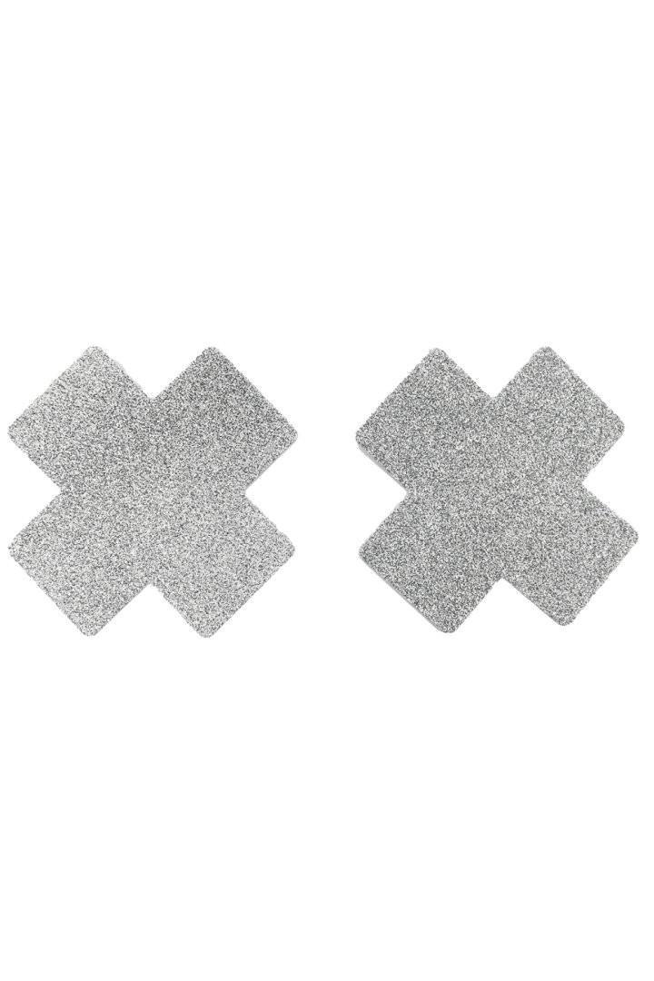 Paire de cache tétons adhésifs croix pailletée blanc