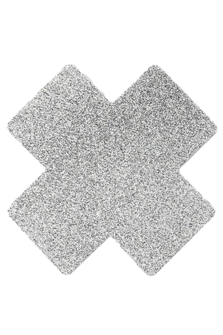 Paire de cache tétons adhésifs croix pailletée blanc