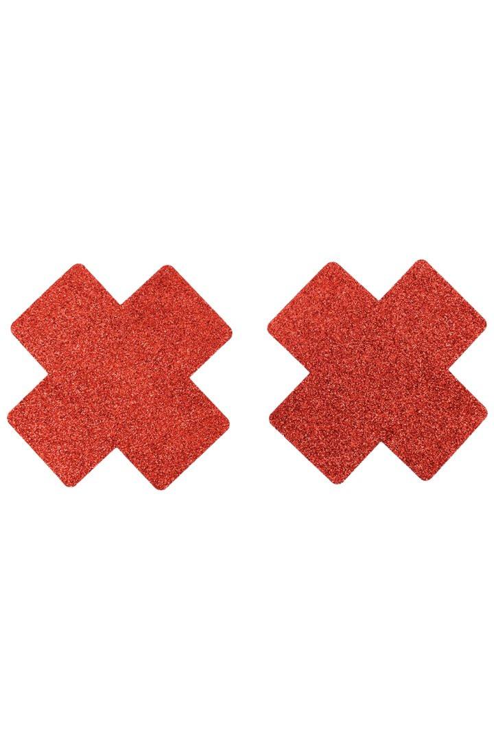 Paire de cache tétons adhésifs croix pailletée rouge