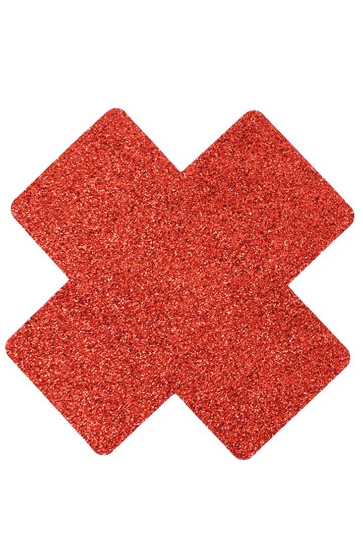 Paire de cache tétons adhésifs croix pailletée rouge