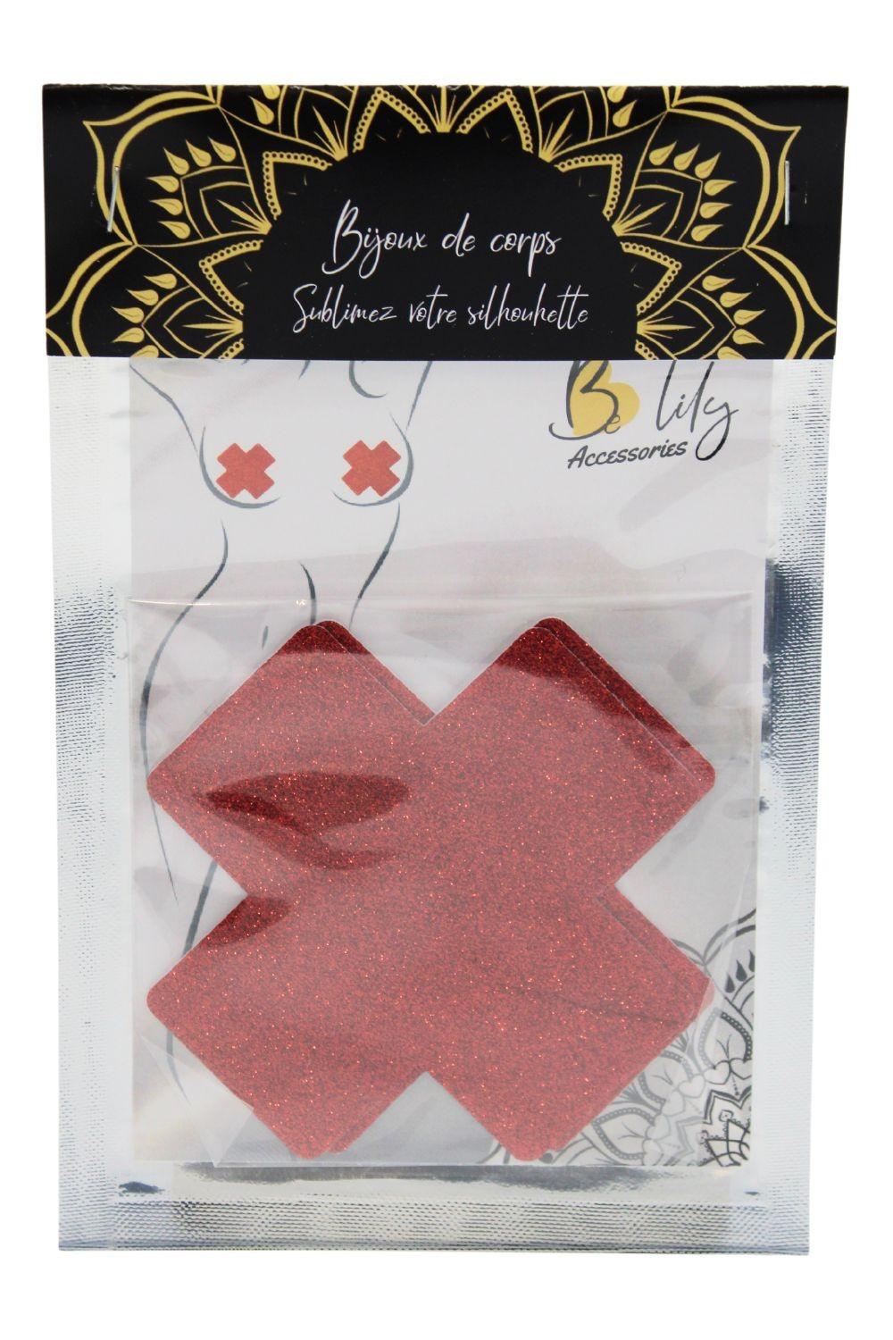 Paire de cache tétons adhésifs croix pailletée rouge