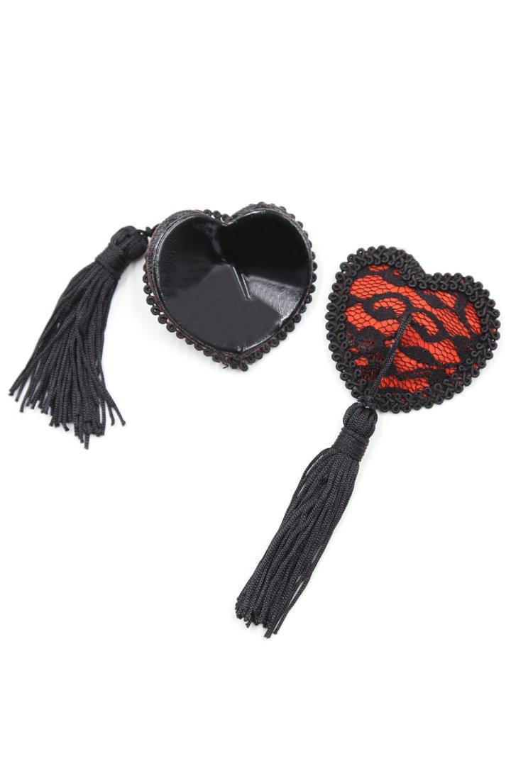 Paire de cache tétons adhésifs en forme de cœur avec dentelle noire et pompom