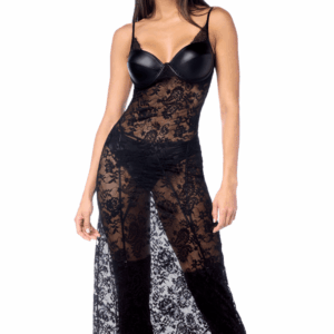 Robe longue sexy en dentelle cuir avec string et porte-jarretelles