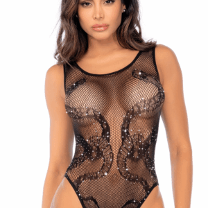 Body noir en résille motif serpent, orné de strass, ouvert à l’entrejambe – Mapalé