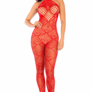 Bodystocking en résille rouge à motif cœur, orné de strass, ouvert à l’entrejambe – Mapalé
