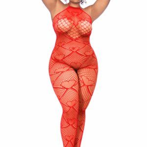 Bodystocking grande taille en résille rouge à motif cœur, orné de strass, ouvert à l’entrejambe – Mapalé