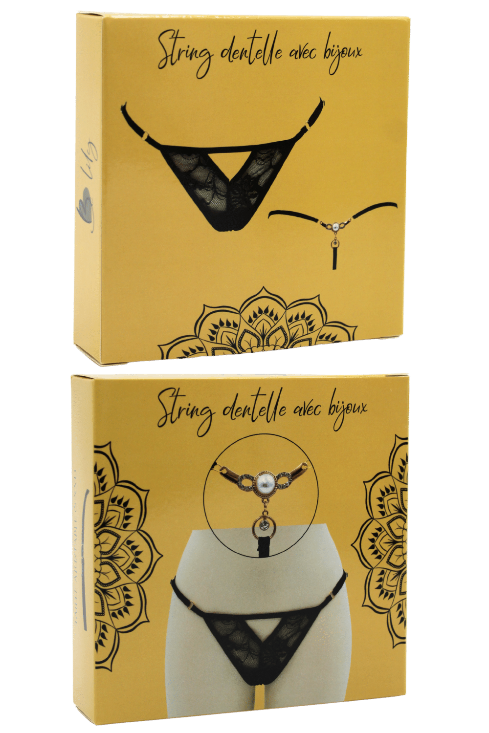 String noir avec bijou perle strass dorés