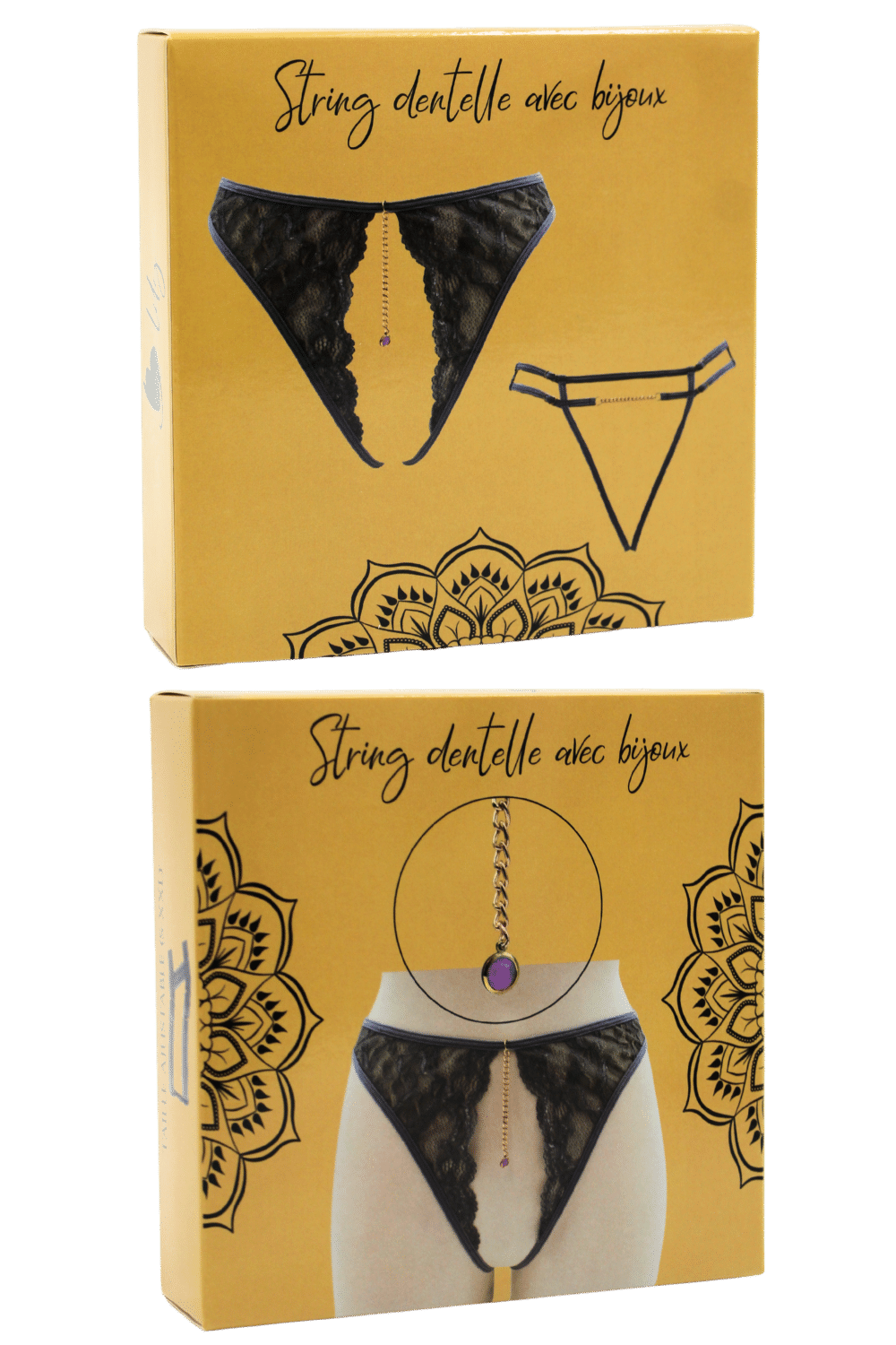 String gris avec bijou couleur aléatoire et chaîne dorée