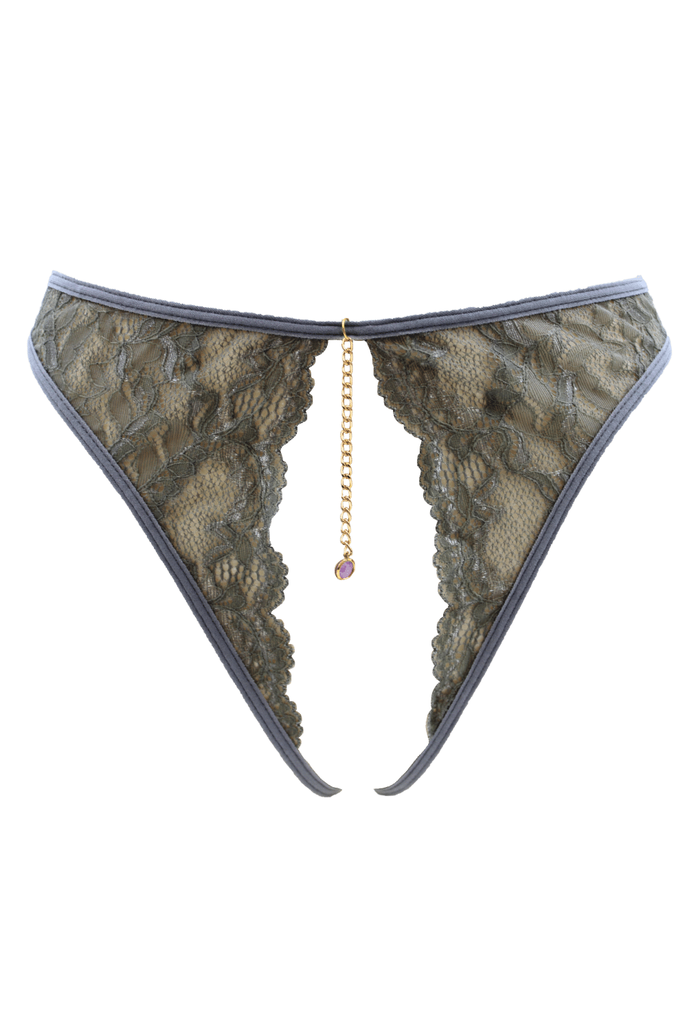String gris avec bijou couleur aléatoire et chaîne dorée