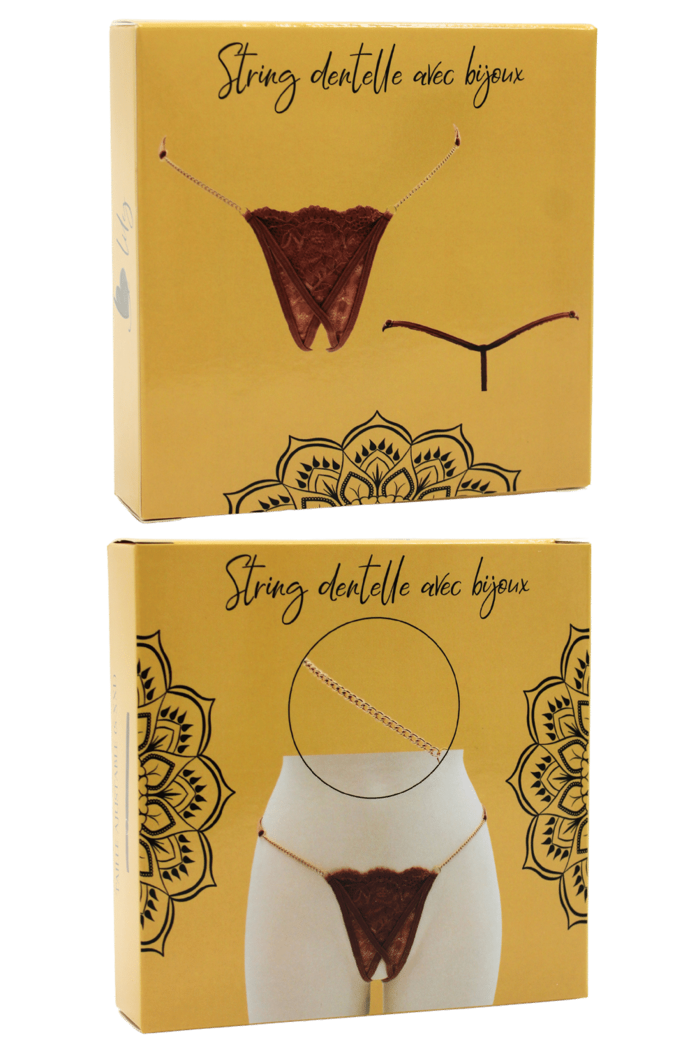 String en dentelle taupe ouvert avec chaînes dorées