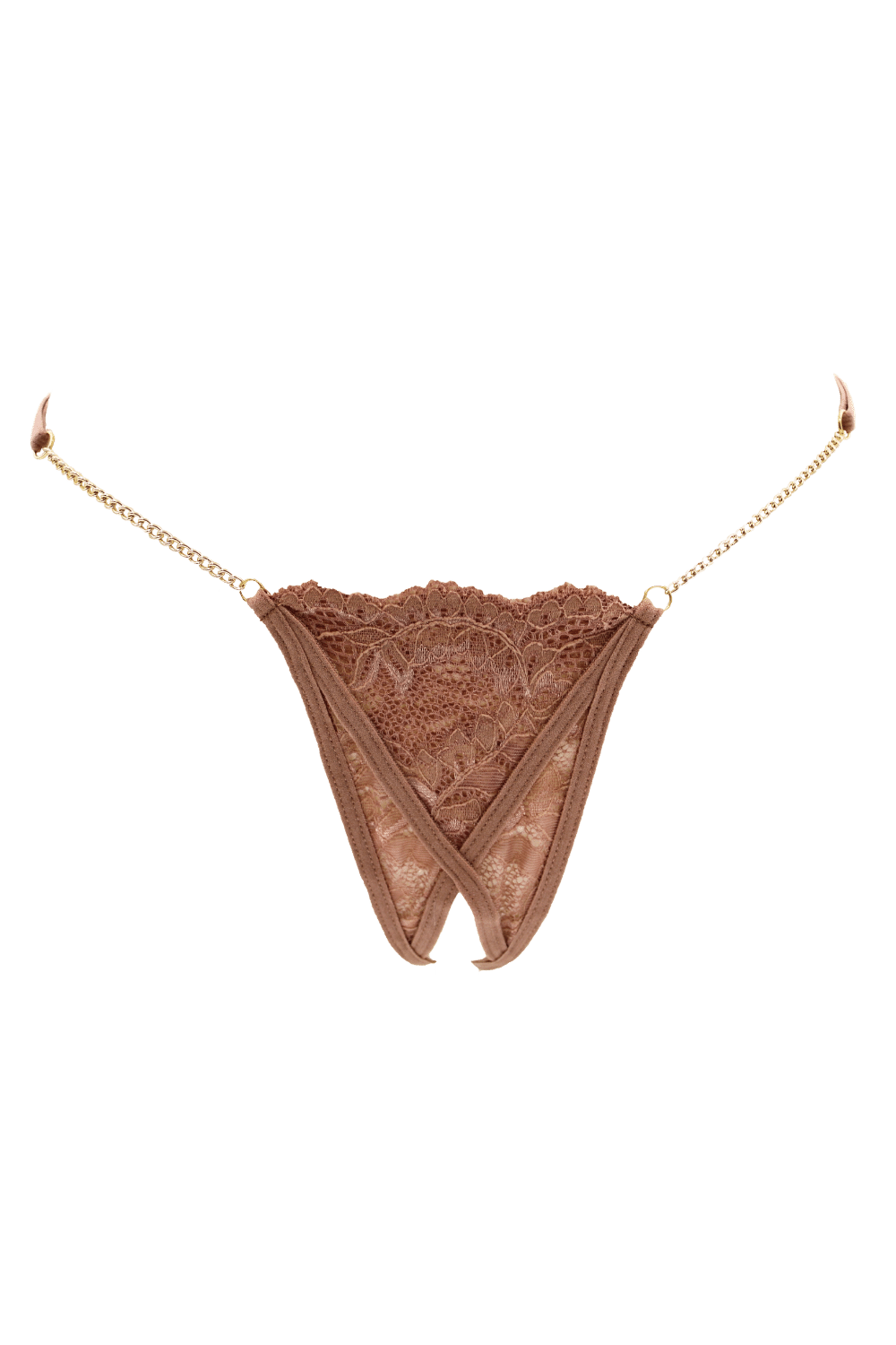 String en dentelle taupe ouvert avec chaînes dorées