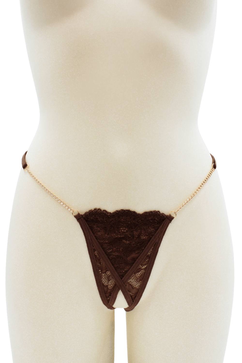String en dentelle marron ouvert avec chaînes dorées