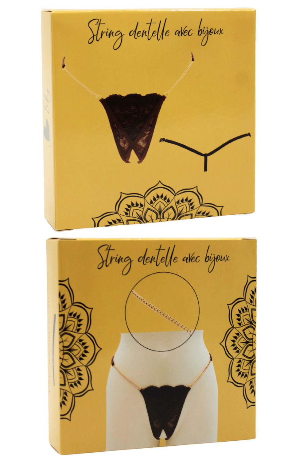 String en dentelle marron ouvert avec chaînes dorées