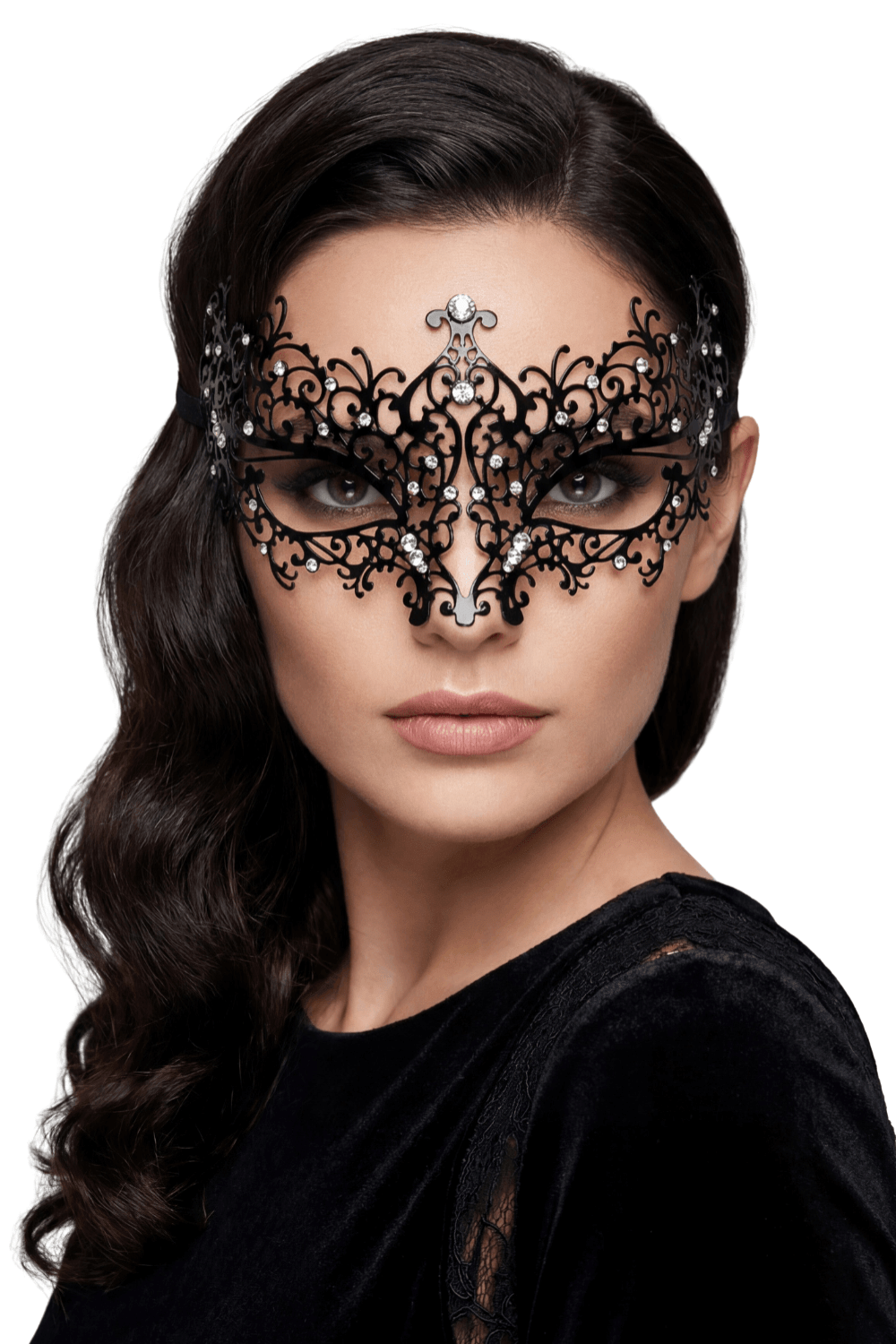 Masque vénitien Chiara rigide noir avec strass