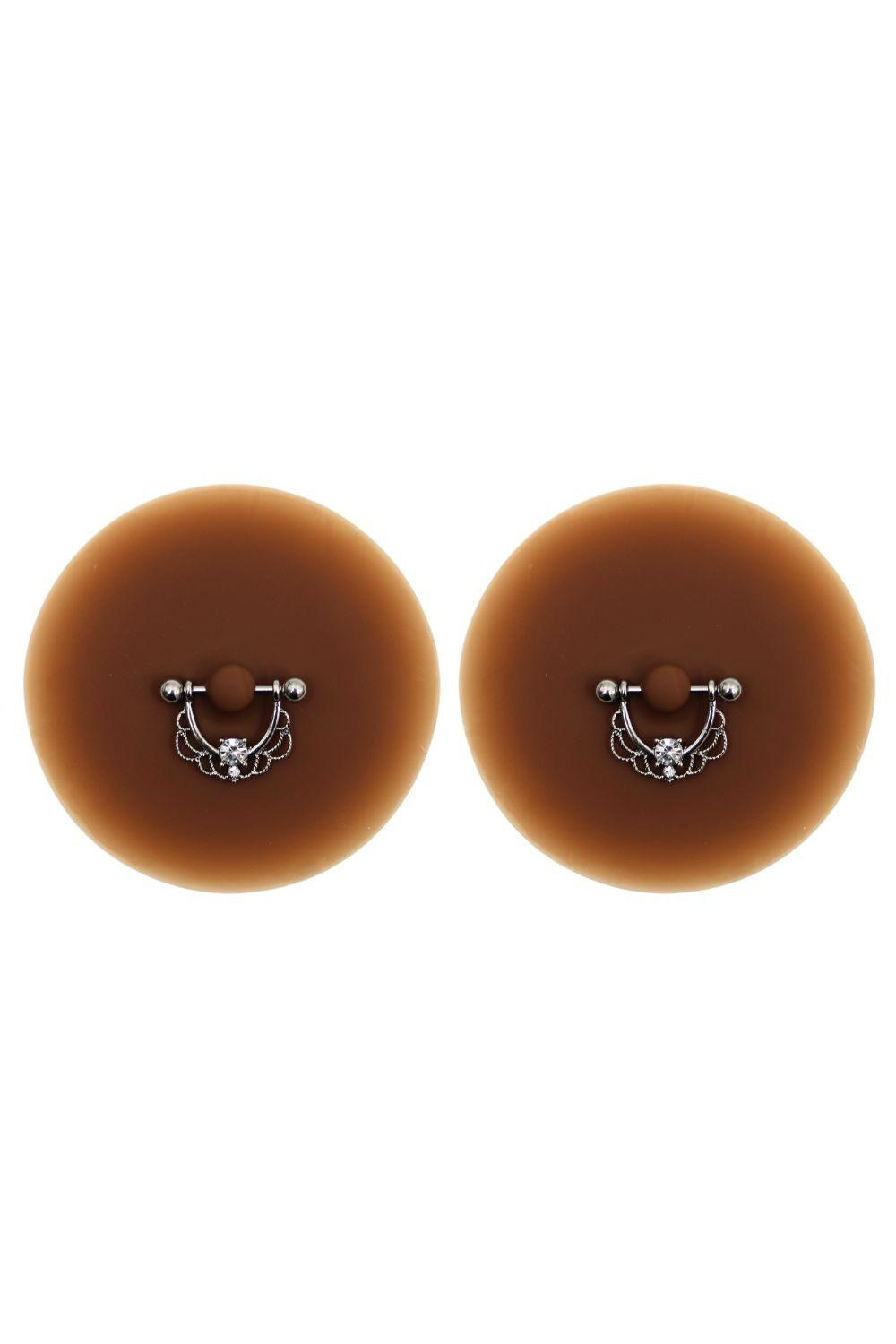 Paire de cache-tétons piercing barre demi-anneau faux diamant peau foncée
