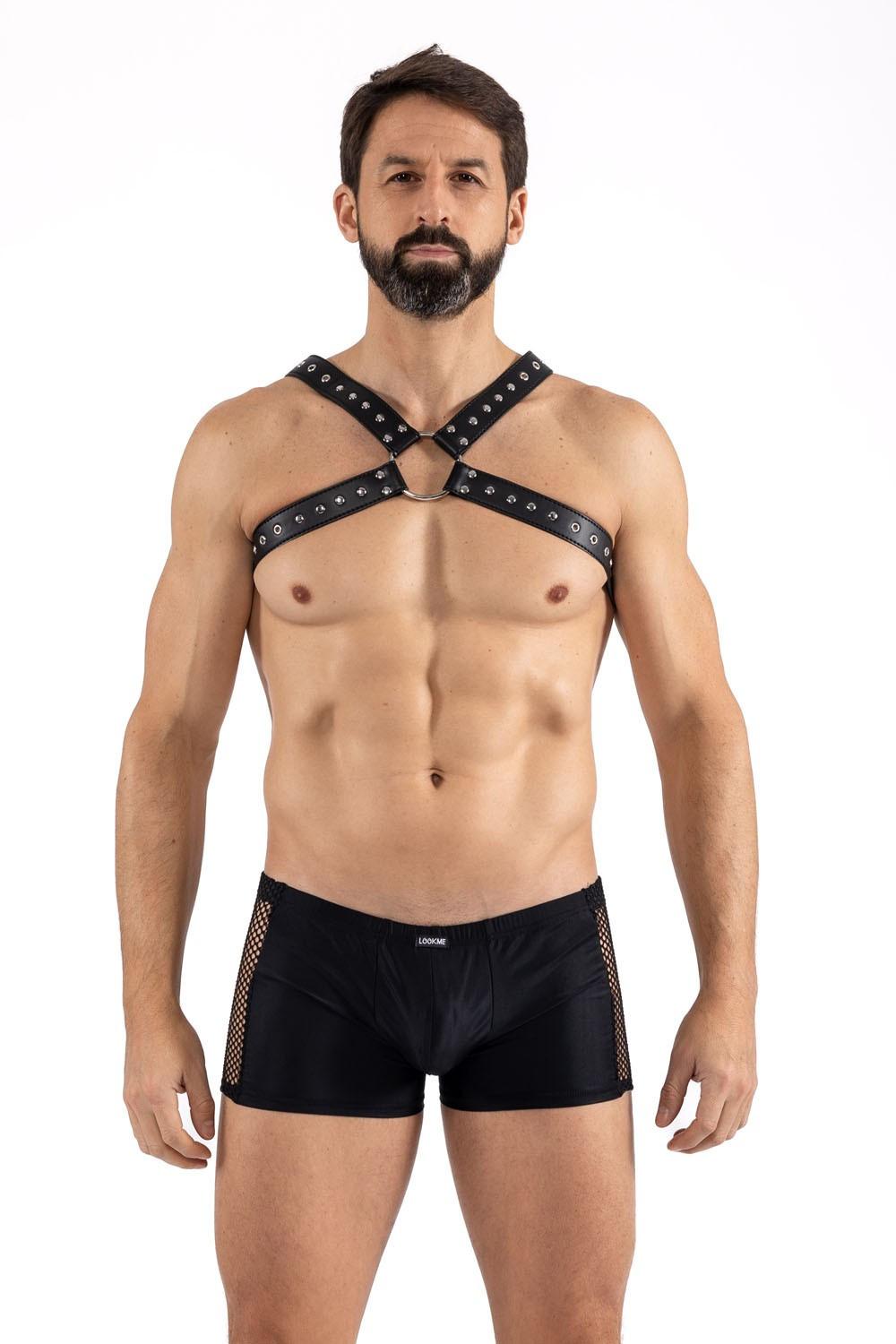 Harnais homme simili cuir larges sangles avec anneaux