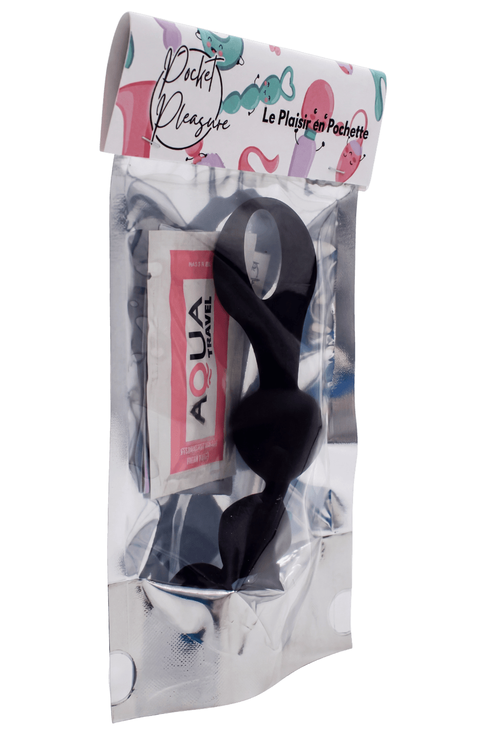 Chapelet anal 3 boules noir silicone 15 cm Pocket Pleasure 1 dosette lubrifiant