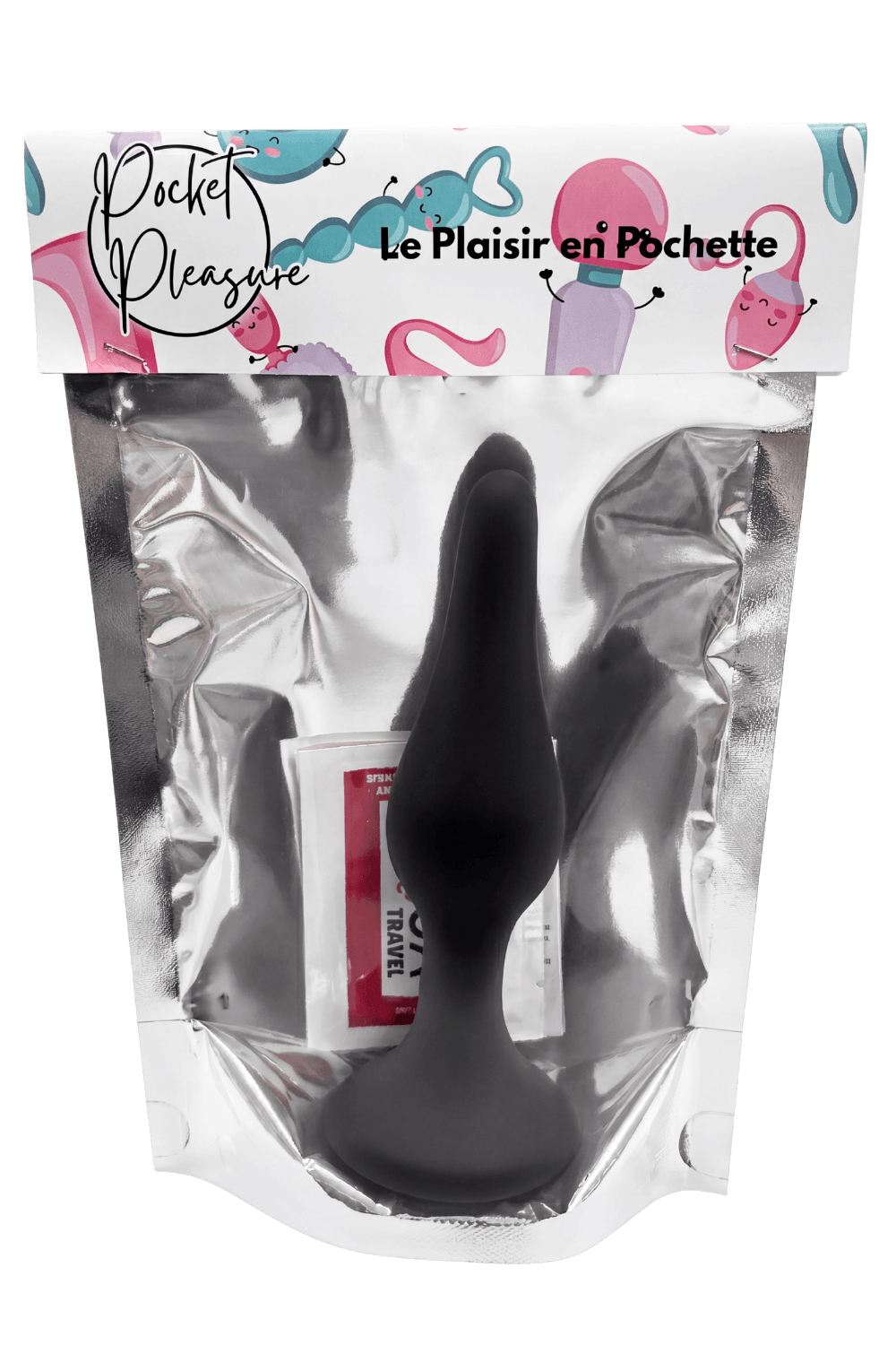 Plug Anal Noir en Silicone XL avec Ventouse Taille XL 15 cm Pocket Pleasure 1 dosette de lubrifiant