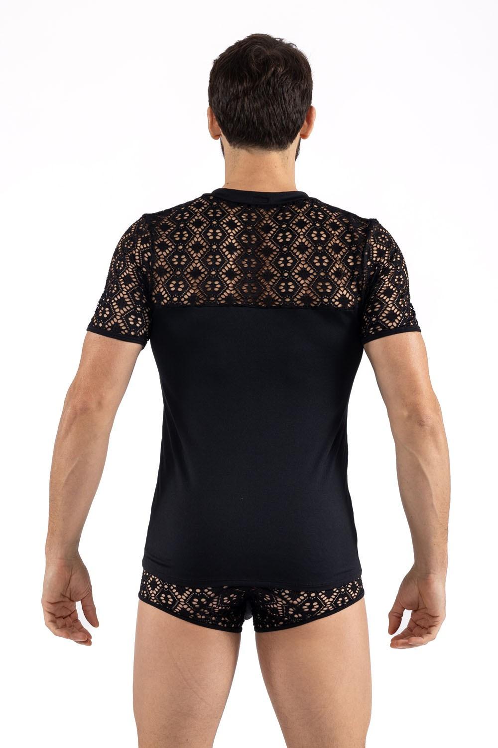 T-shirt noir résille brodée Shinny