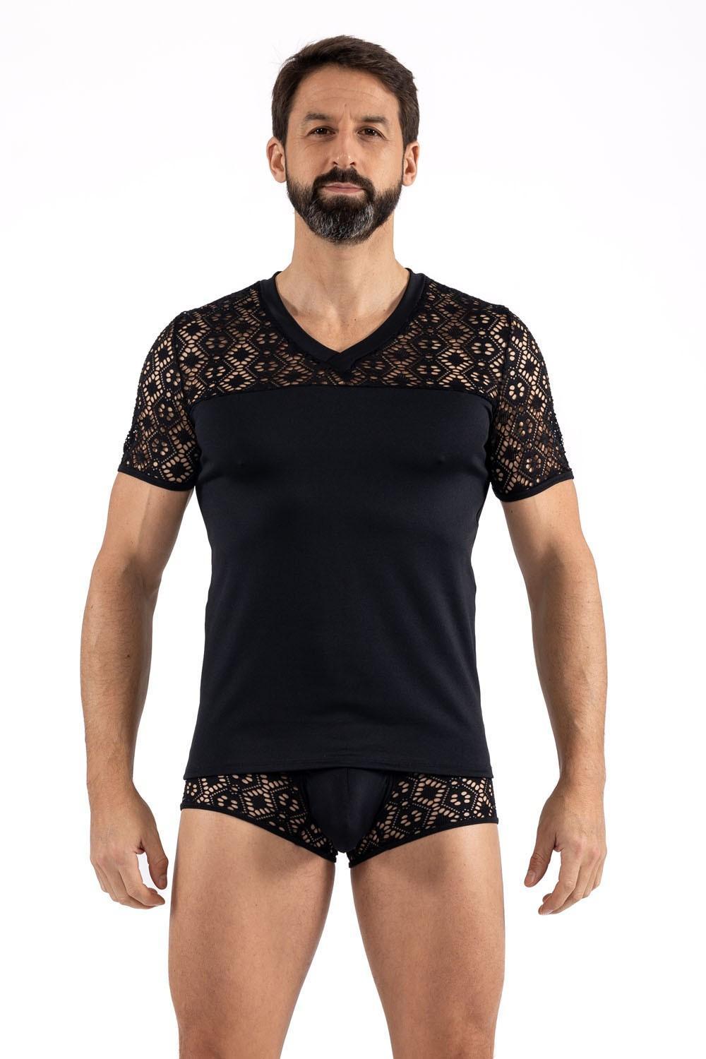 T-shirt noir résille brodée Shinny