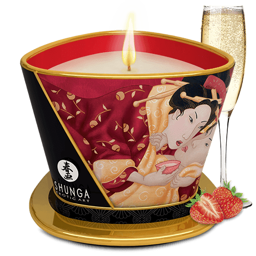 Bougie de massage lueur et caresses – Romance Vin pétillant à la fraise