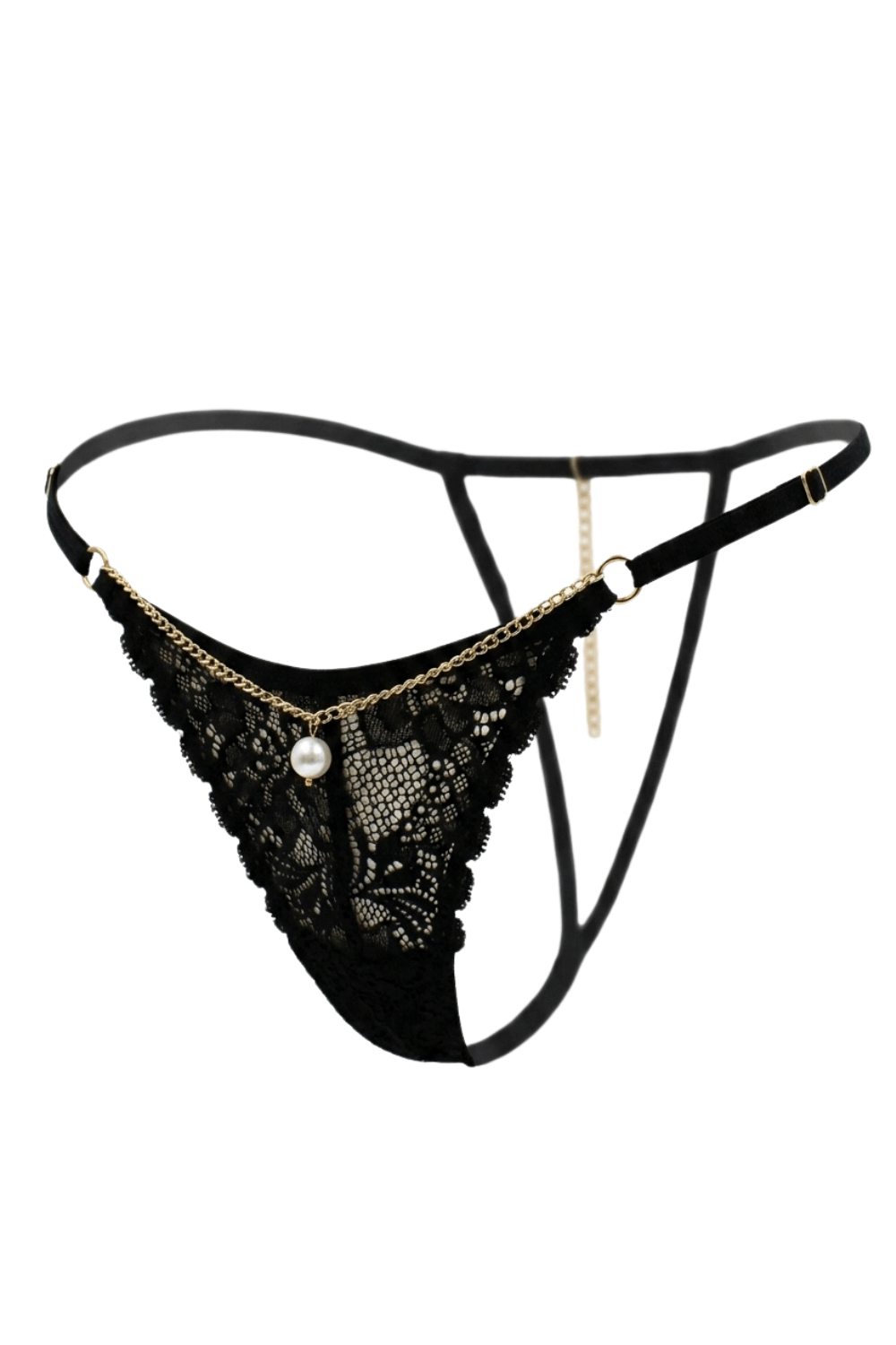 String noir en dentelle avec bijou et chaîne dorée