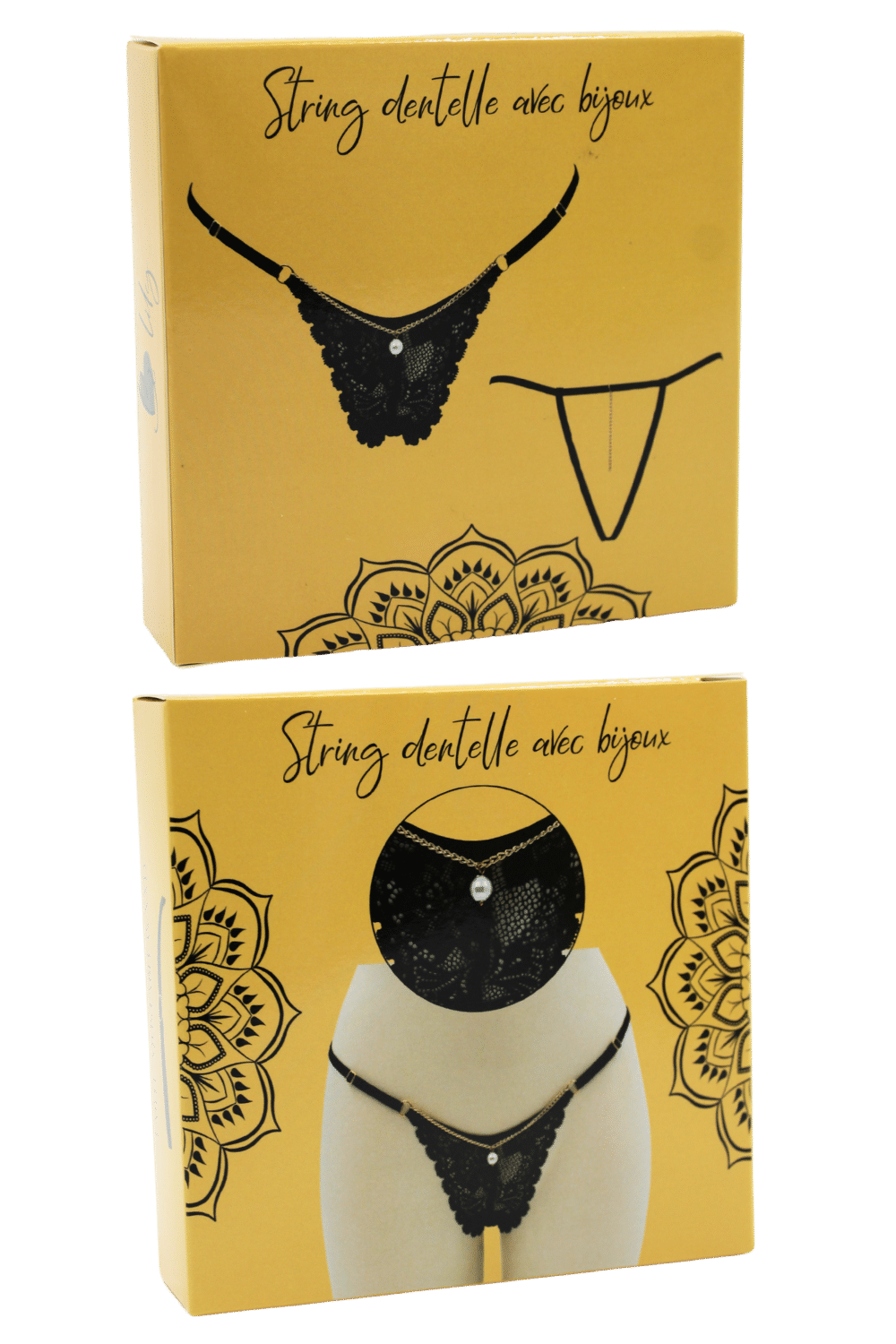 String noir en dentelle avec bijou et chaîne dorée