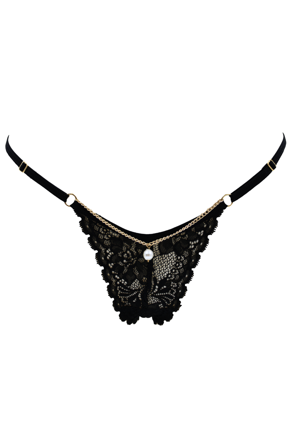 String noir en dentelle avec bijou et chaîne dorée