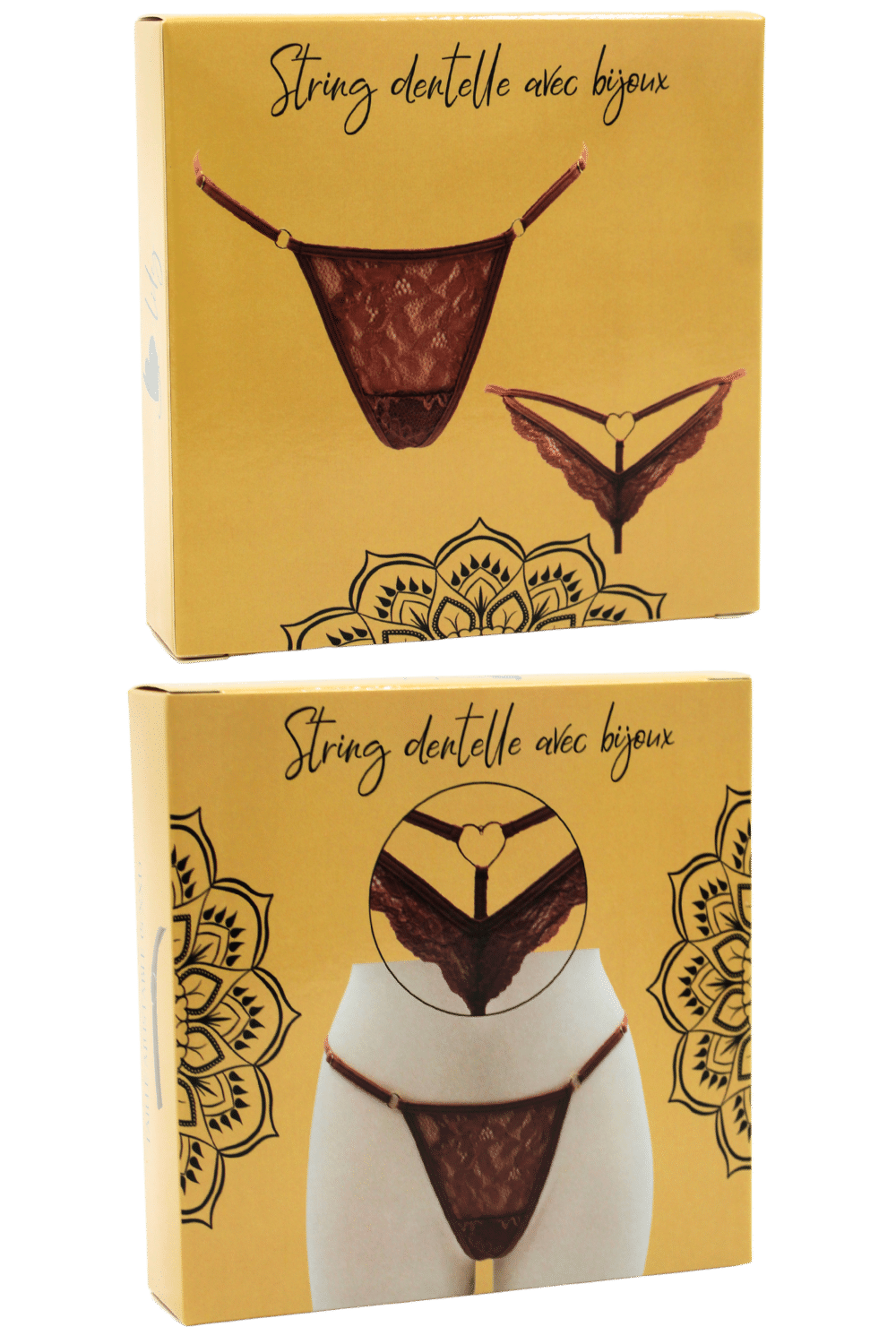 String taupe en dentelle avec bijou cœur doré