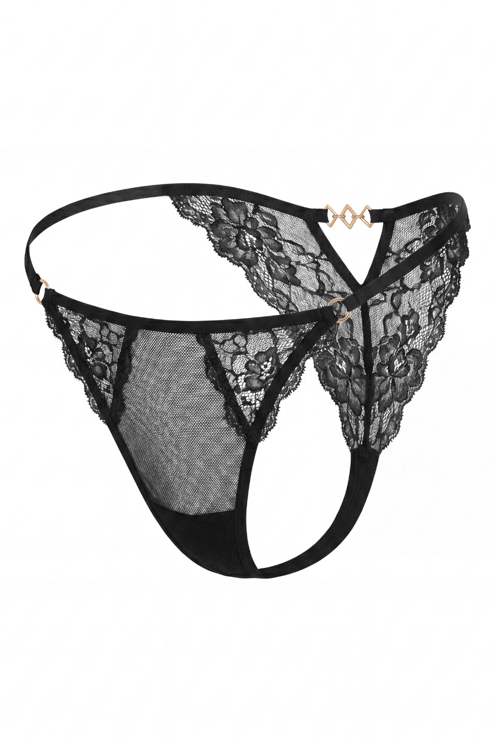 Tanga noir en dentelle avec bijou losanges dorés