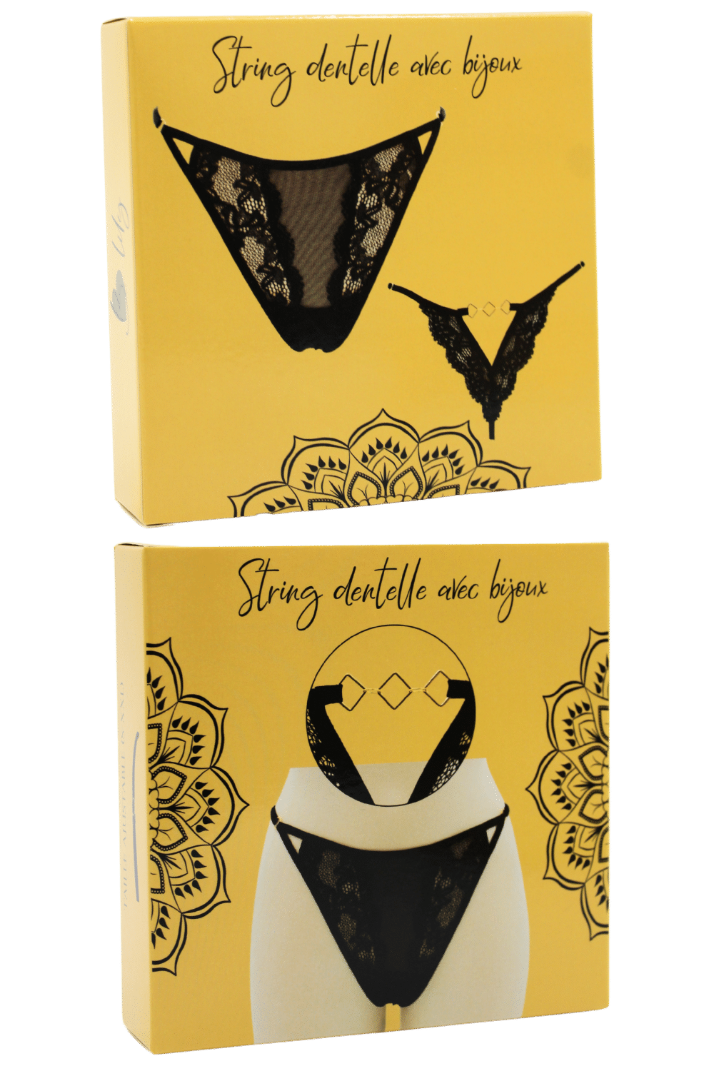 Tanga noir en dentelle avec bijou losanges dorés