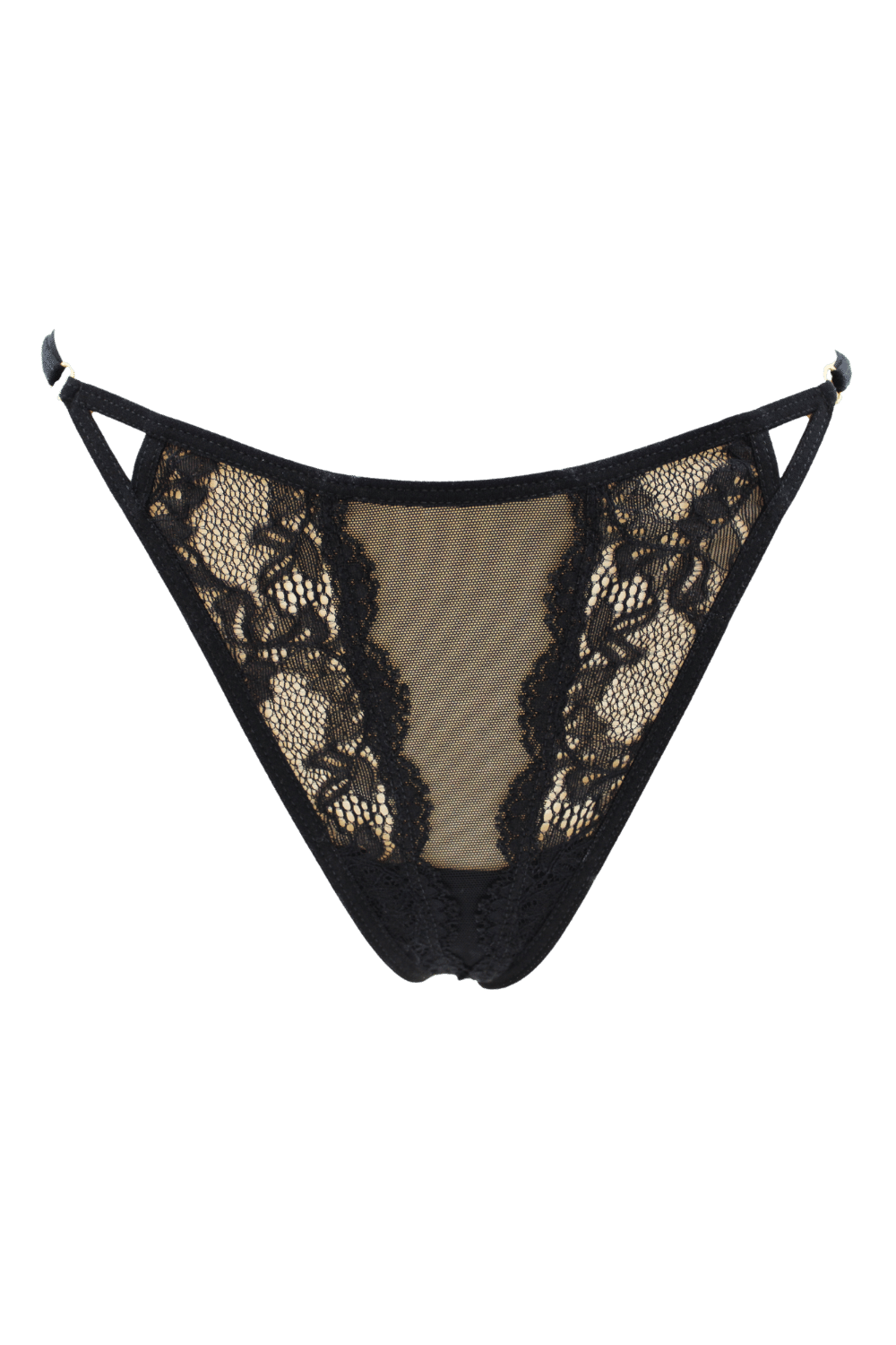 Tanga noir en dentelle avec bijou losanges dorés