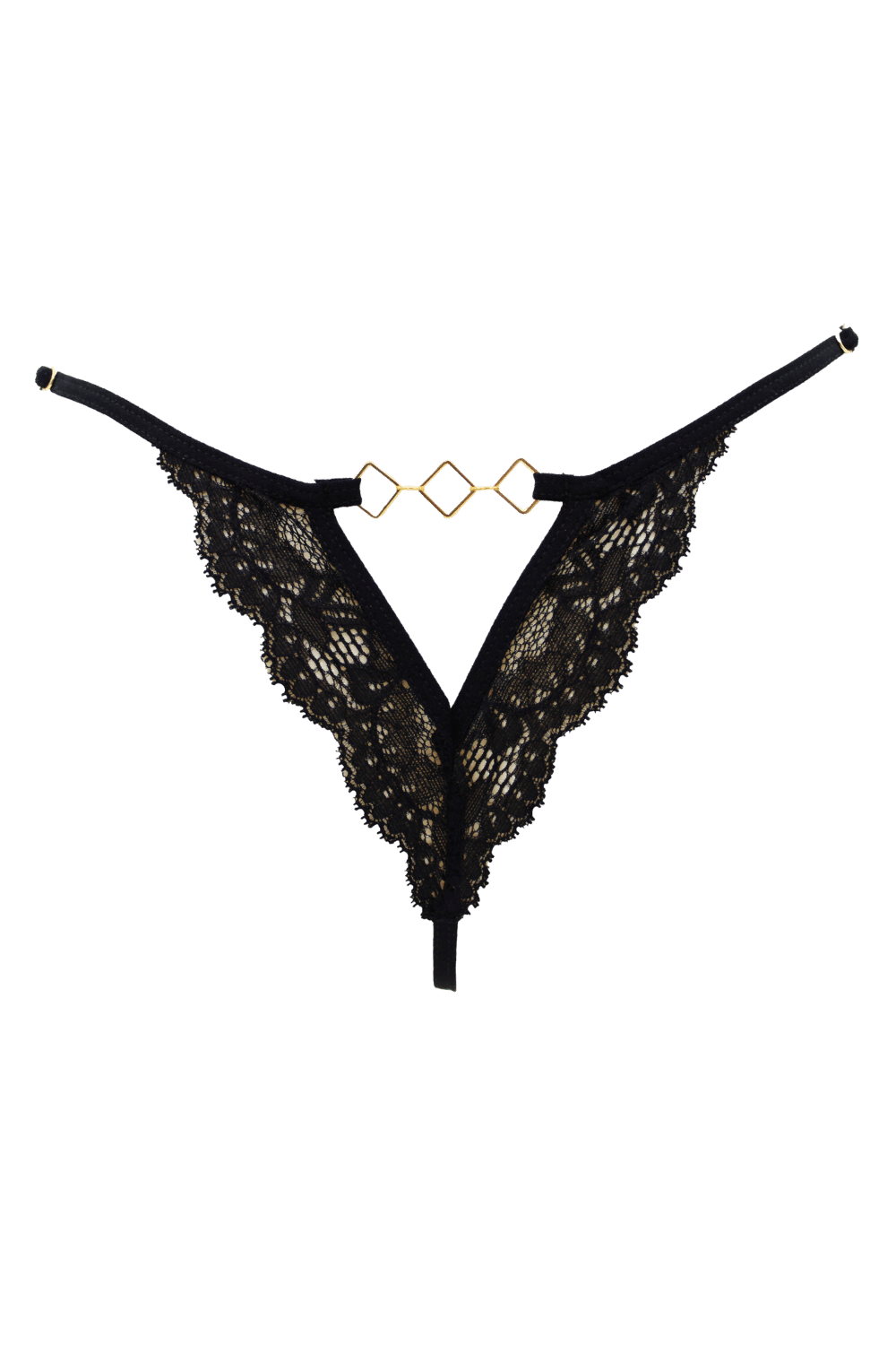 Tanga noir en dentelle avec bijou losanges dorés