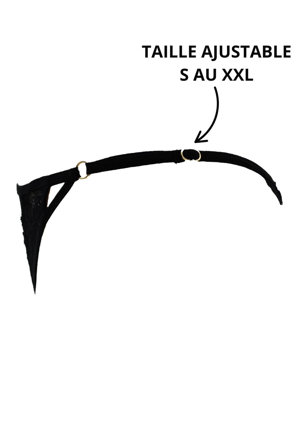 Tanga noir en dentelle avec bijou losanges dorés