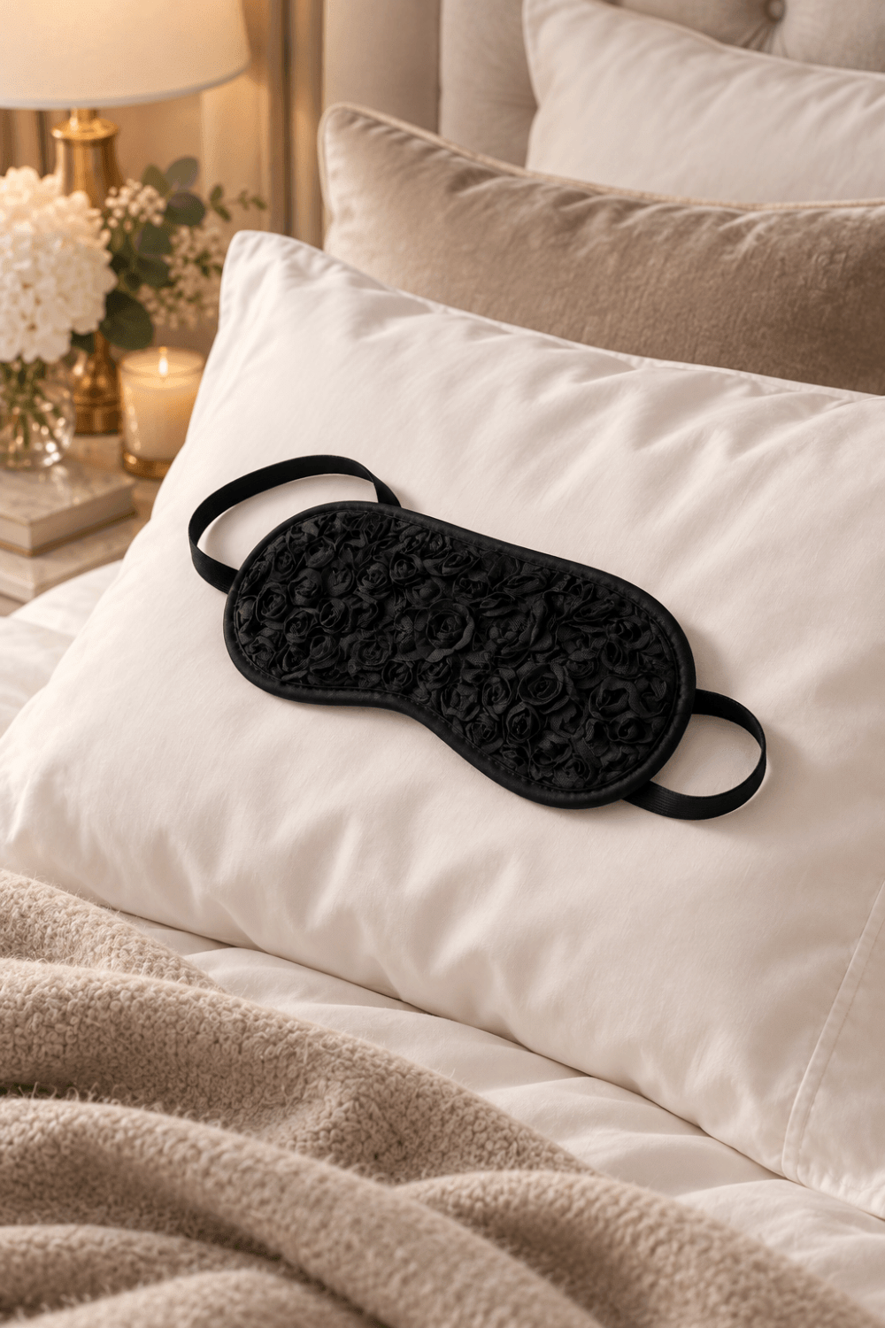 Bandeau pour les yeux noir avec fleurs en tissu en relief – Dreamy Fetish