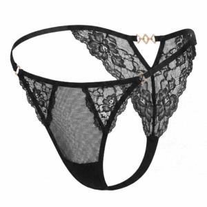 Tanga noir en dentelle avec bijou losanges dorés