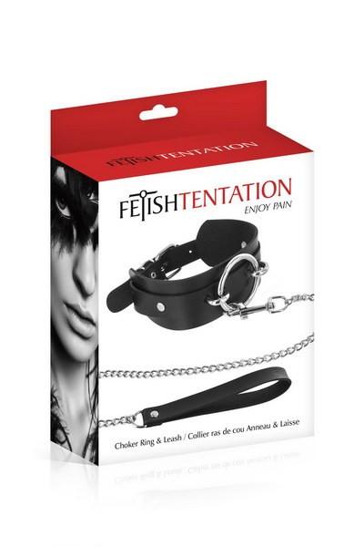 Collier noir anneau et laisse Fétish Tentation