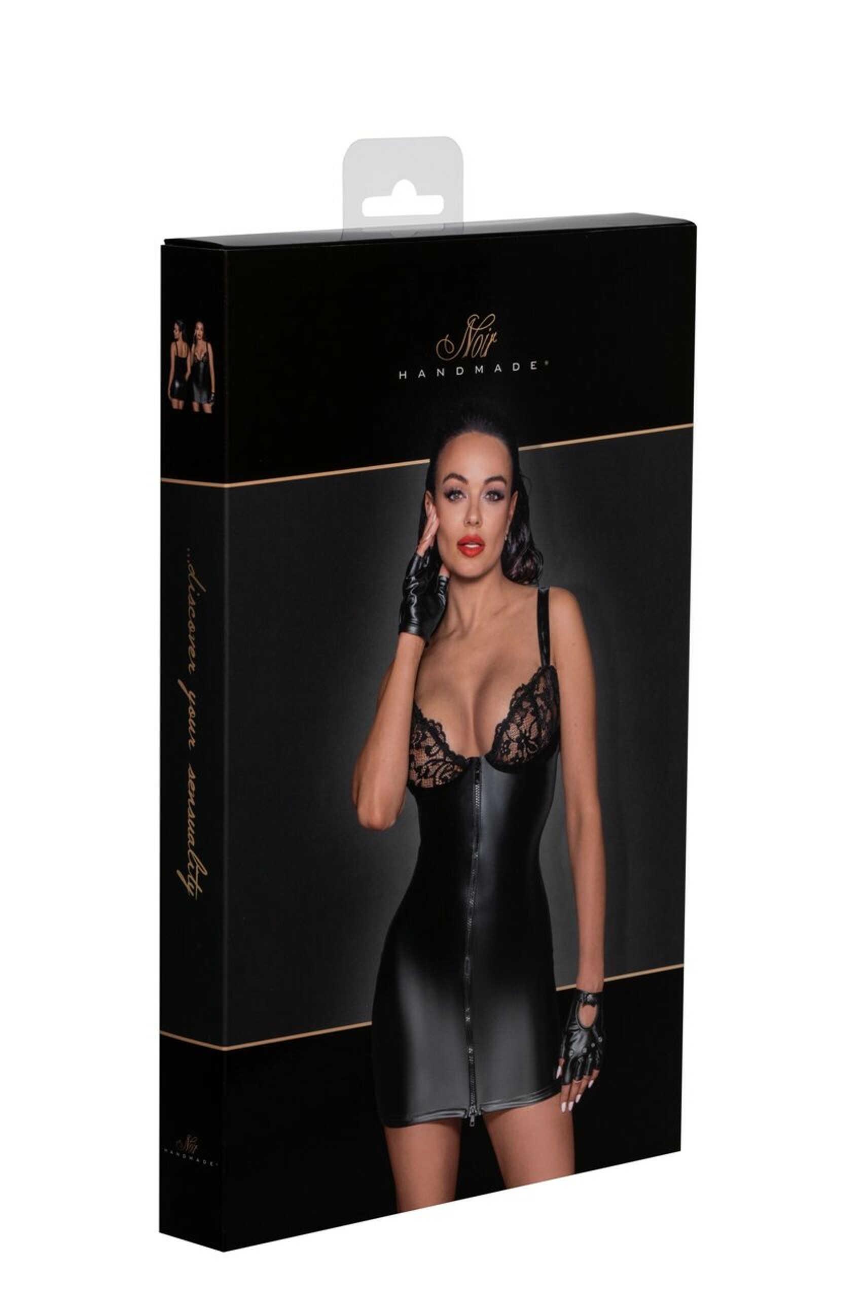 F254 Mini-robe Powerwetlook avec poitrine en dentelle et fermeture éclair à 2 sens