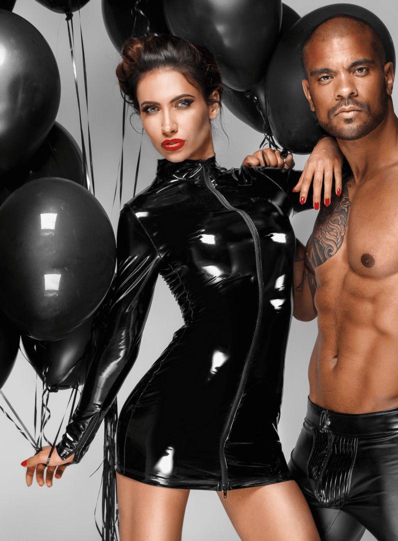 F187 Mini robe en PVC avec fermeture éclair noire à double sens sur le devant