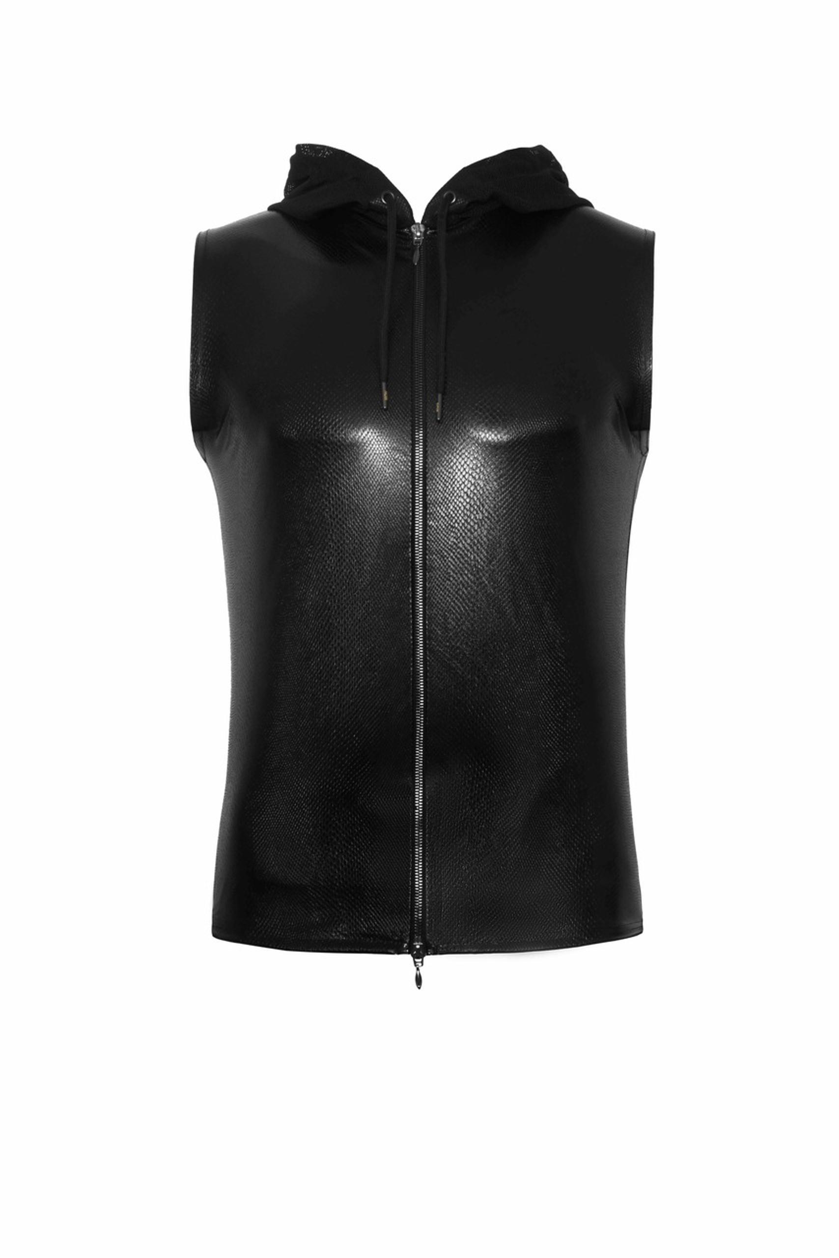 H066 Top zippé sans manches à capuche transparente, aspect serpent